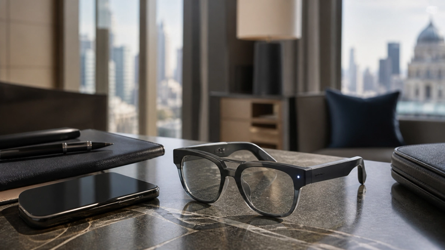 Smart glasses beside a phone on a business travel desk