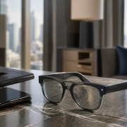 Smart glasses beside a phone on a business travel desk
