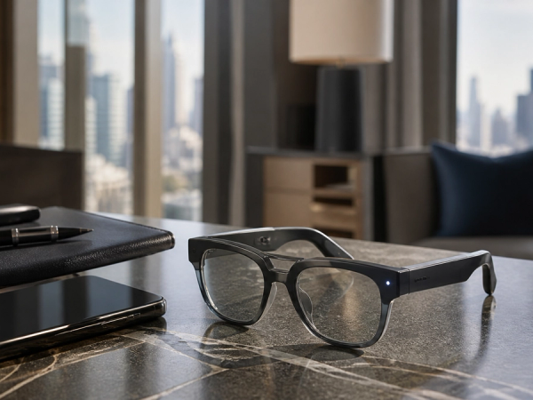 Smart glasses beside a phone on a business travel desk