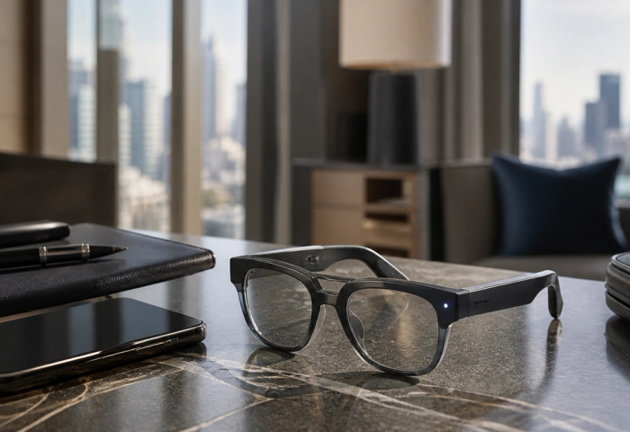 Smart glasses beside a phone on a business travel desk