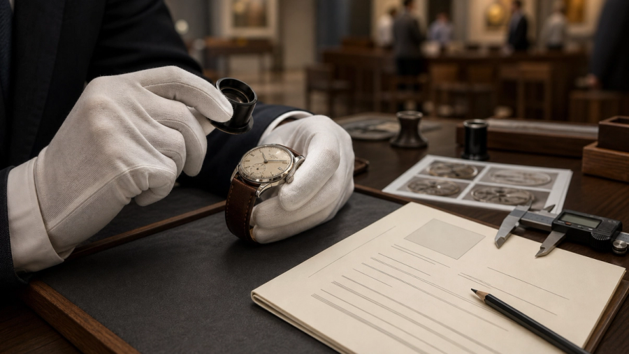 Collector inspecting a vintage wristwatch beside an auction condition report and macro photographs.