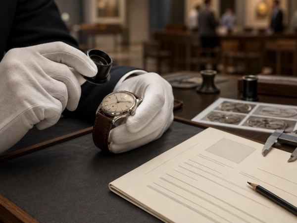 Collector inspecting a vintage wristwatch beside an auction condition report and macro photographs.