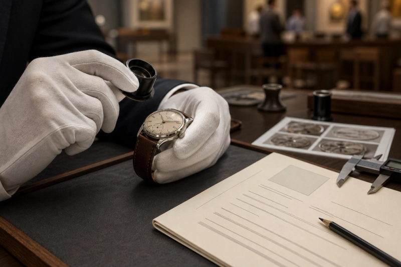 Collector inspecting a vintage wristwatch beside an auction condition report and macro photographs.