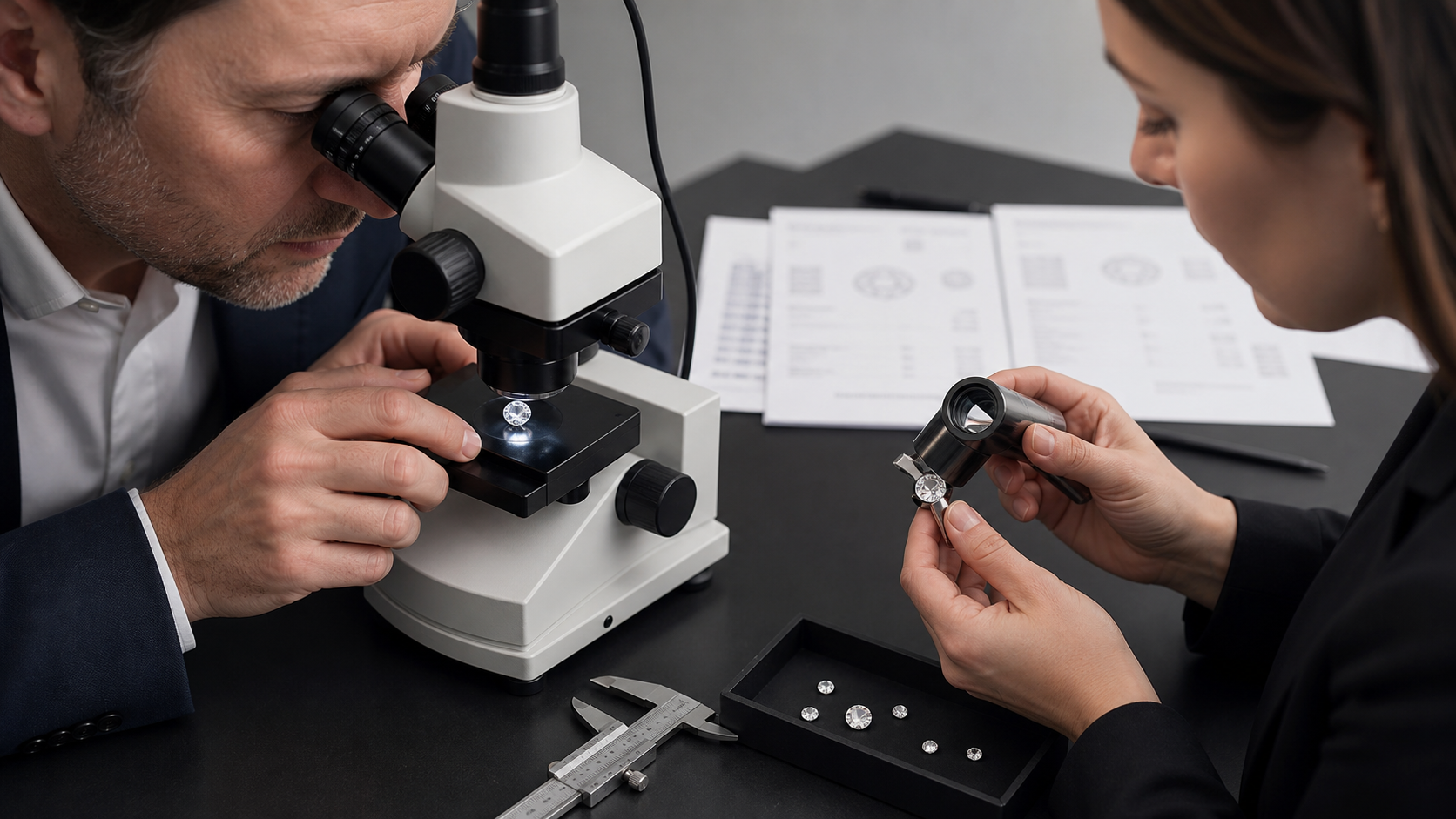 Diamond report details and laser inscription being checked under magnification