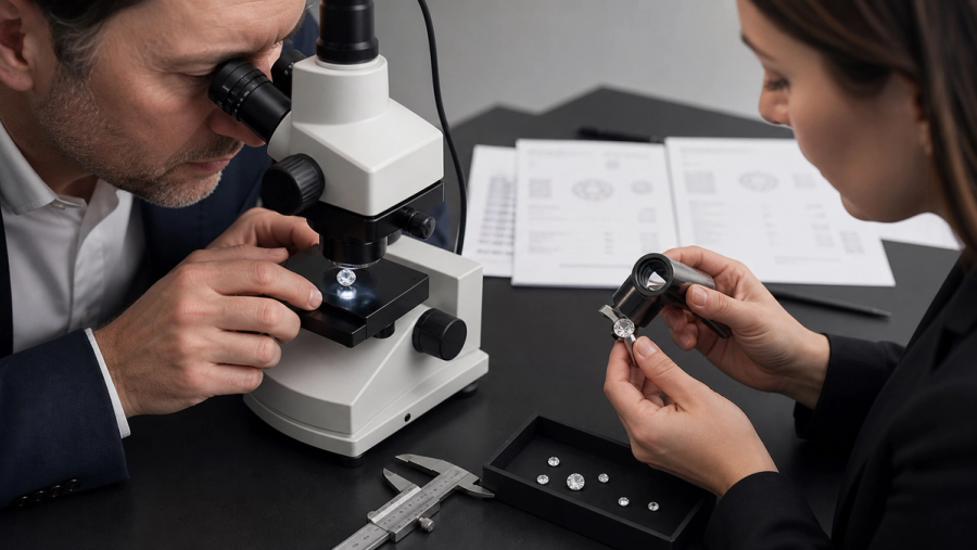 Diamond report details and laser inscription being checked under magnification