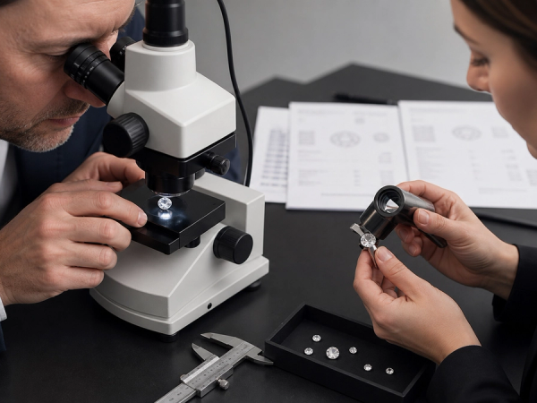 Diamond report details and laser inscription being checked under magnification