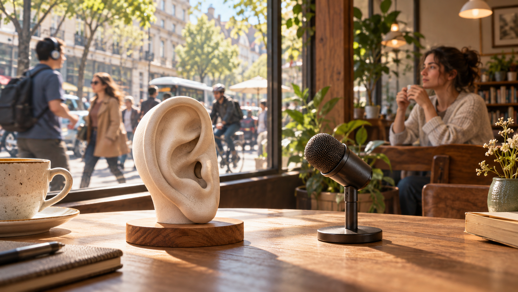 AI editorial illustration of an ear-shaped fitting model and microphone at a cafe window.