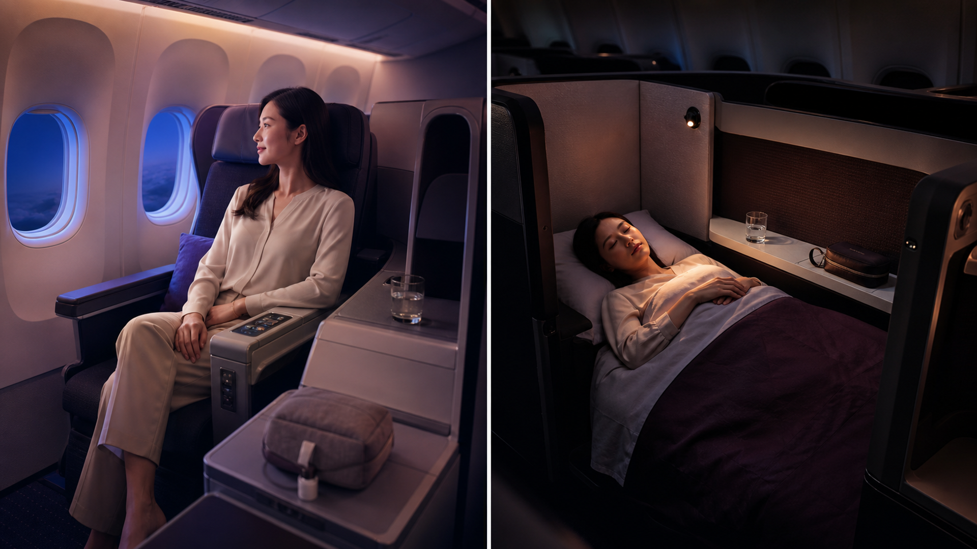 Air Canada-style premium recliner and lie-flat business suite shown side by side without logos