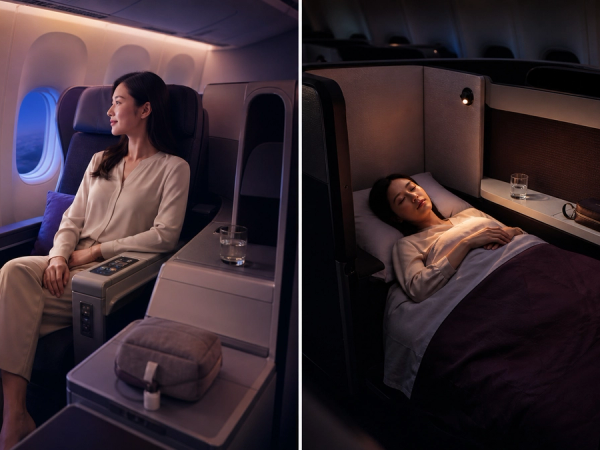 Air Canada-style premium recliner and lie-flat business suite shown side by side without logos