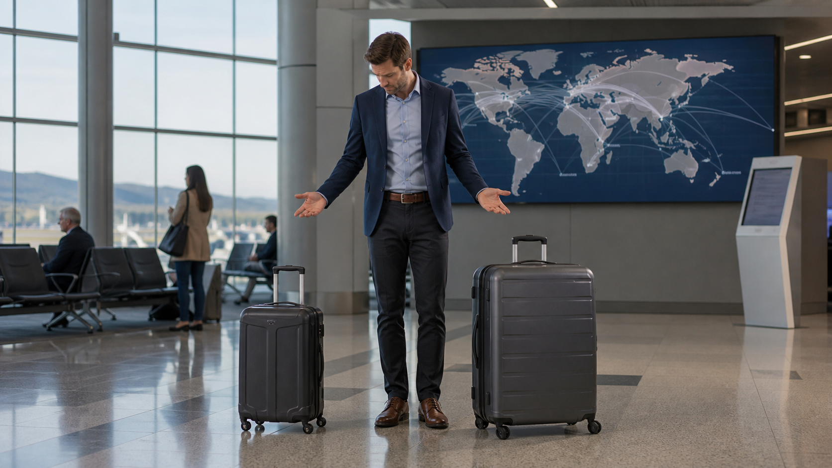 Traveller comparing carry-on and checked luggage for a multi-leg trip