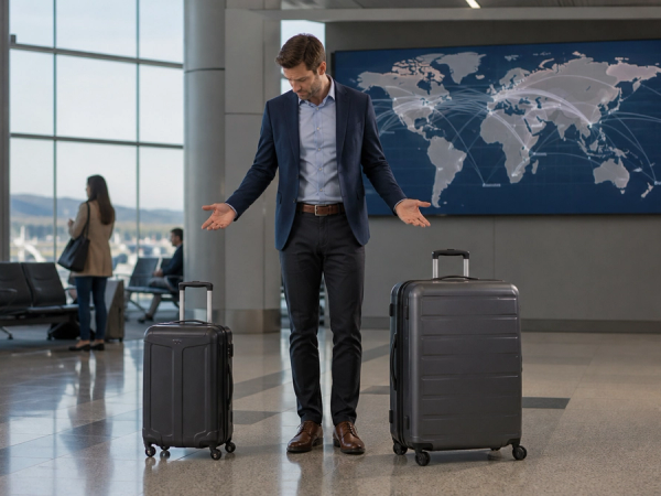Traveller comparing carry-on and checked luggage for a multi-leg trip