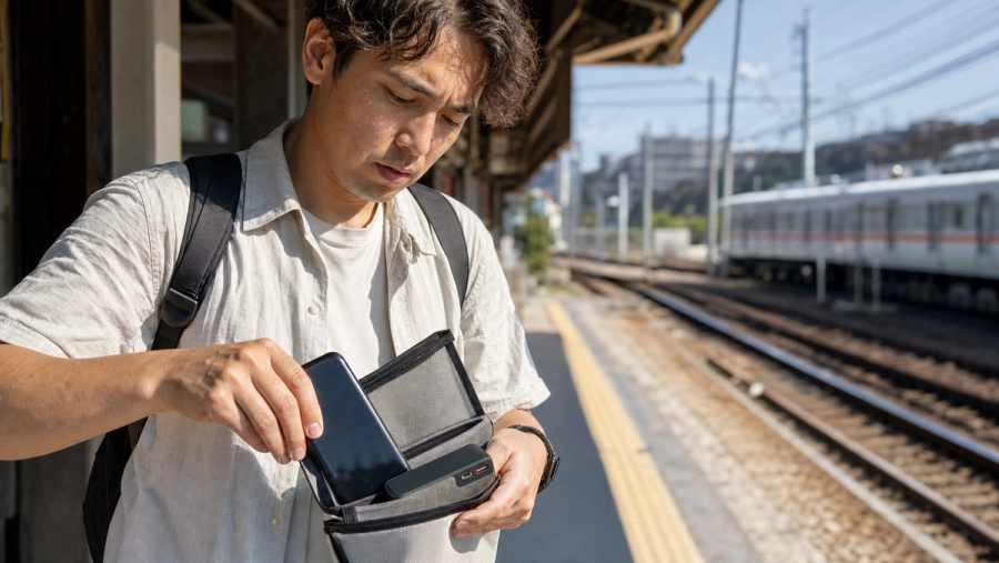 A traveller moving a phone and power bank out of direct summer sun at a Japanese railway platform during extreme heat