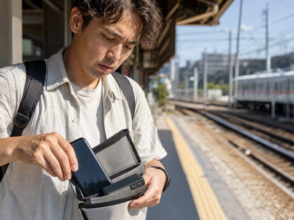 A traveller moving a phone and power bank out of direct summer sun at a Japanese railway platform during extreme heat