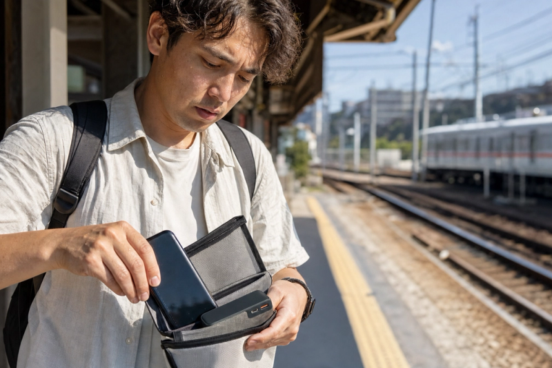 A traveller moving a phone and power bank out of direct summer sun at a Japanese railway platform during extreme heat