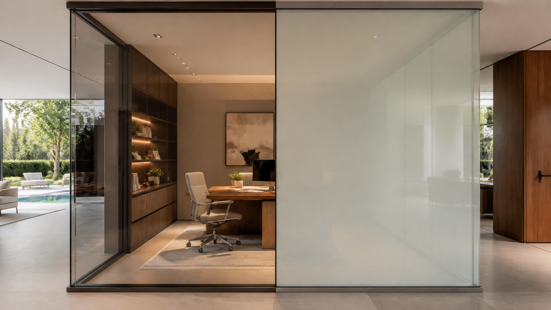 Luxury home office with switchable glass shown in transparent and private states