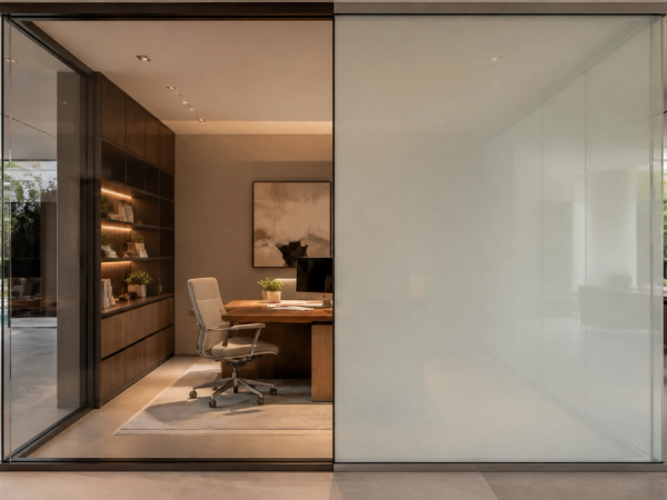 Luxury home office with switchable glass shown in transparent and private states