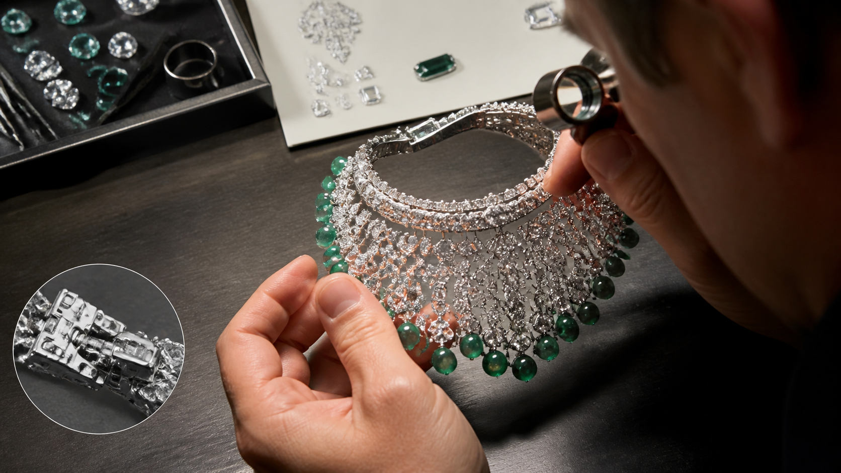 A sculptural jewellery piece examined with a loupe beside its material and hallmark records