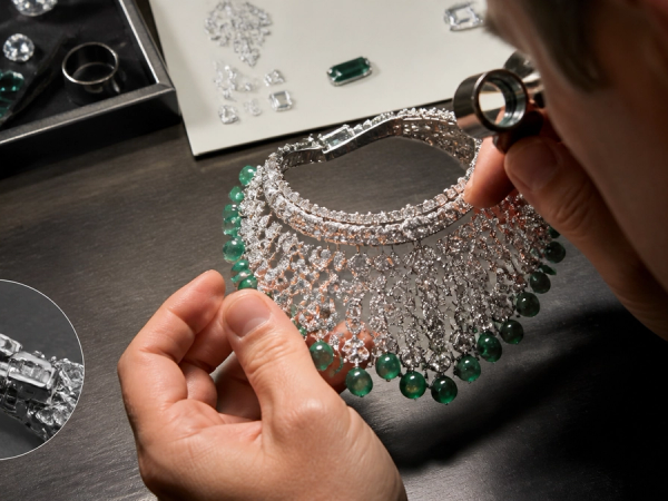 A sculptural jewellery piece examined with a loupe beside its material and hallmark records