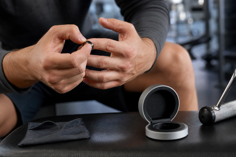 Smart ring placed beside gym gloves, sunscreen and a travel wash bag
