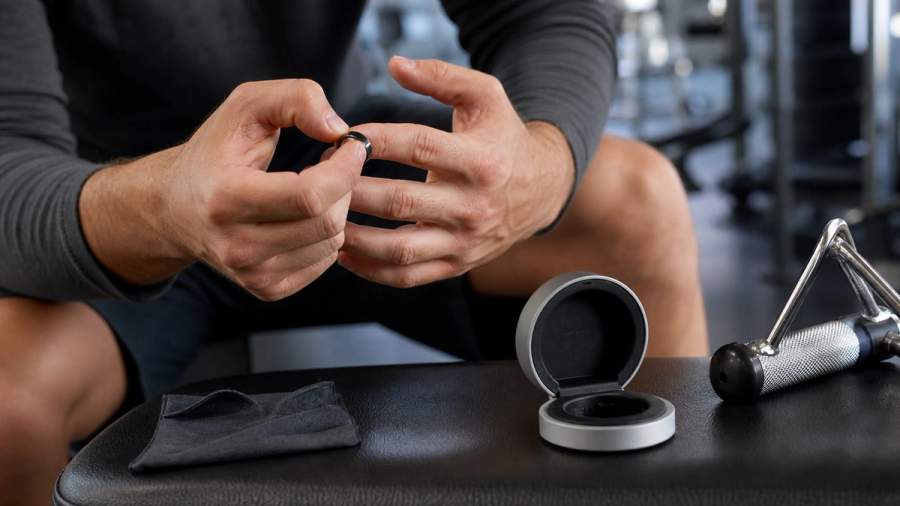 Smart ring placed beside gym gloves, sunscreen and a travel wash bag