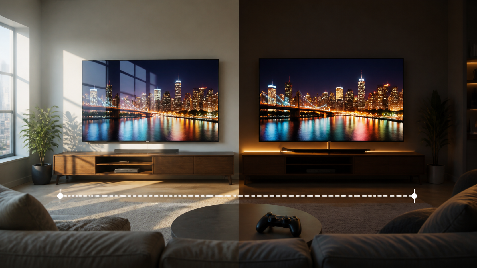 Premium living room comparison of QD-OLED and OLED televisions under daylight and evening conditions