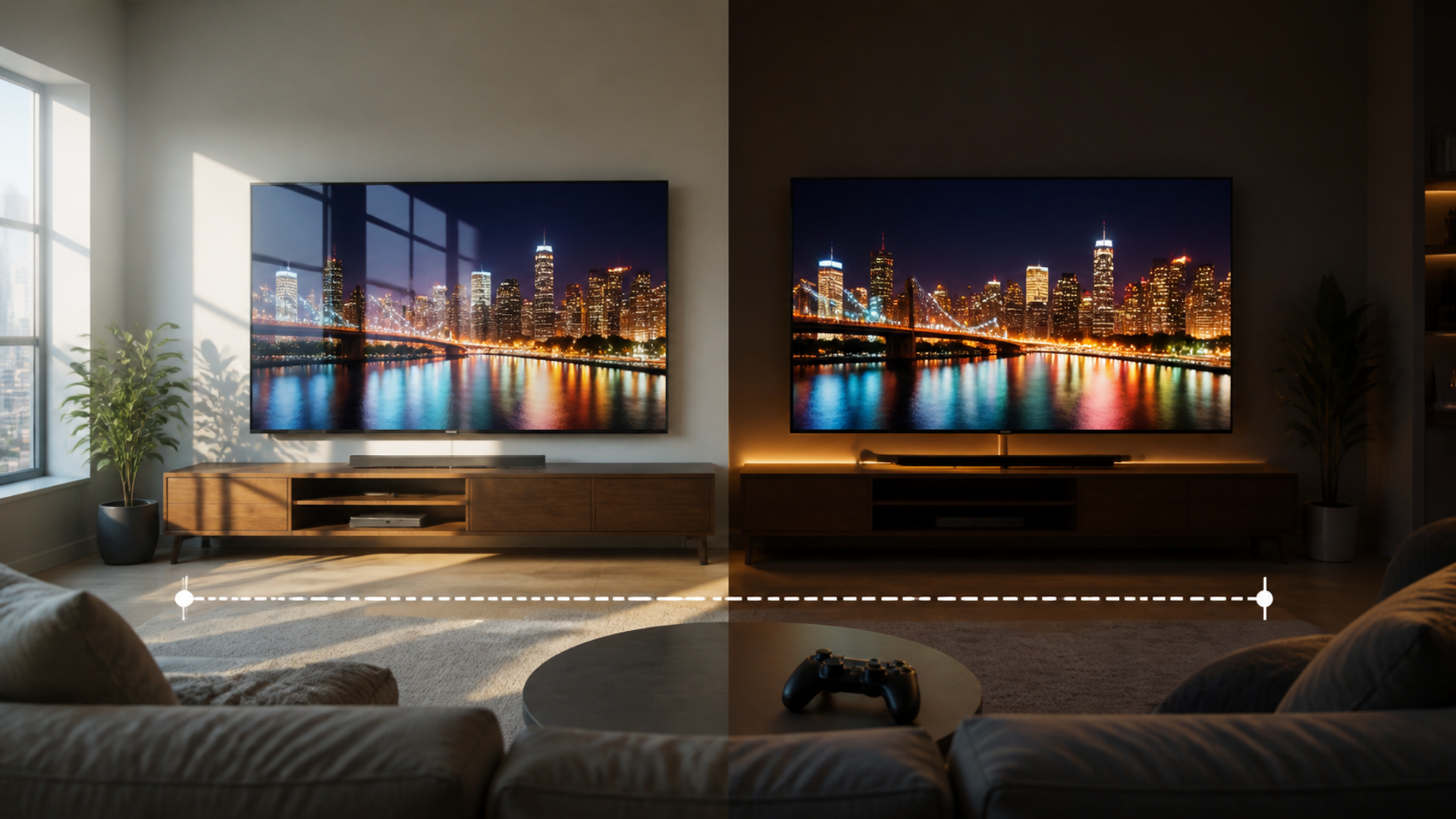 Premium living room comparison of QD-OLED and OLED televisions under daylight and evening conditions