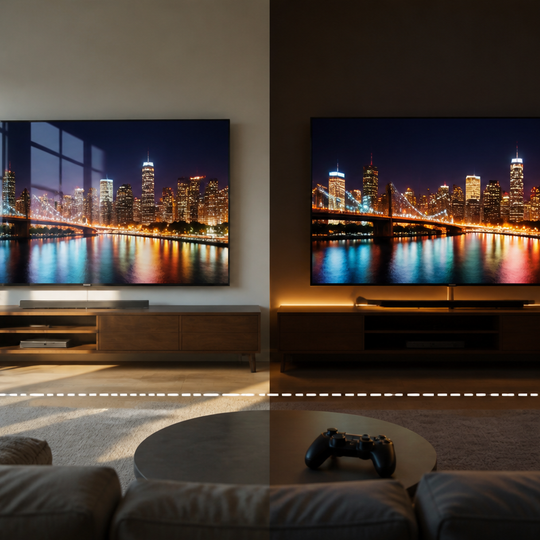 Premium living room comparison of QD-OLED and OLED televisions under daylight and evening conditions