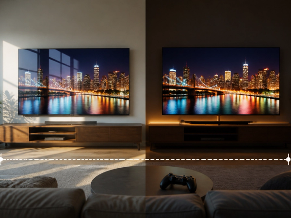 Premium living room comparison of QD-OLED and OLED televisions under daylight and evening conditions