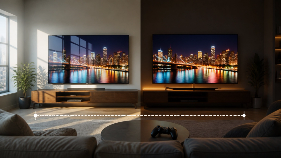 Premium living room comparison of QD-OLED and OLED televisions under daylight and evening conditions