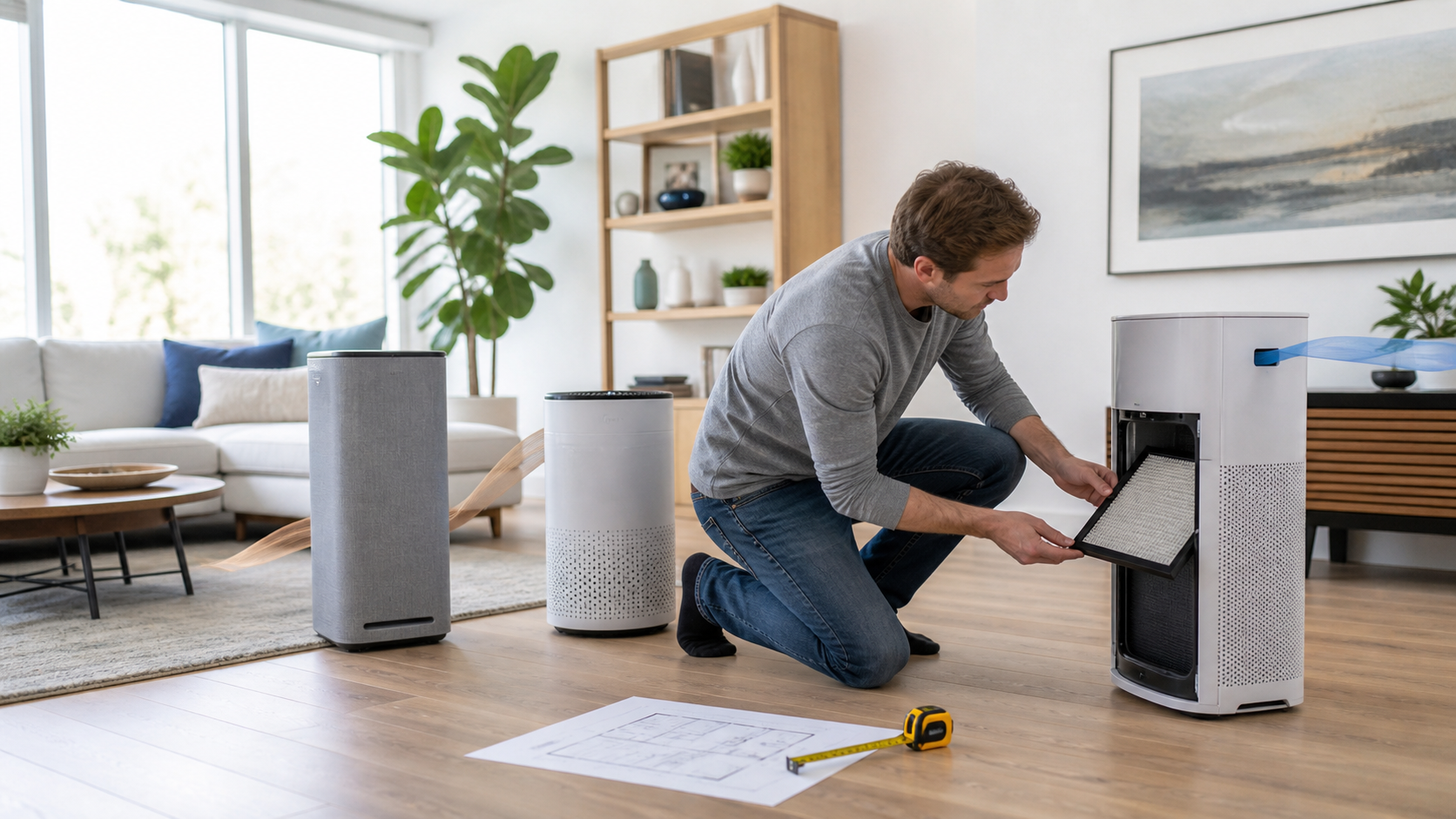 Air purifiers being sized to a living room while a filter compartment is inspected