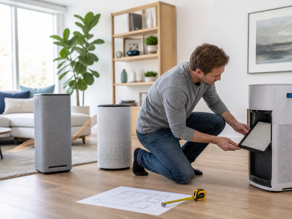 Air purifiers being sized to a living room while a filter compartment is inspected
