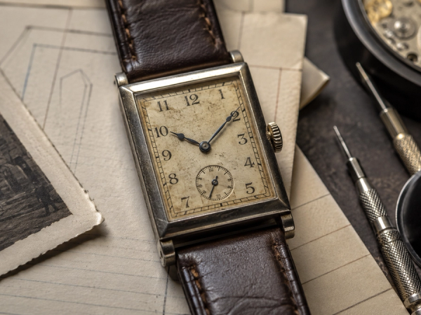 Antique rectangular watch inspected for dial originality, case geometry and movement evidence