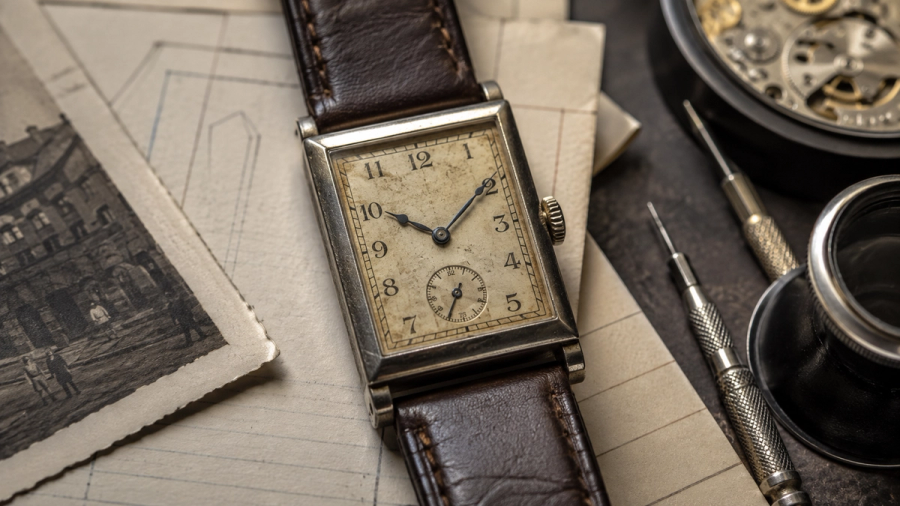 Antique rectangular watch inspected for dial originality, case geometry and movement evidence
