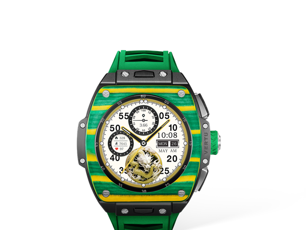Official VERTU Grand Watch product image in the yellow and green carbon-fibre configuration.