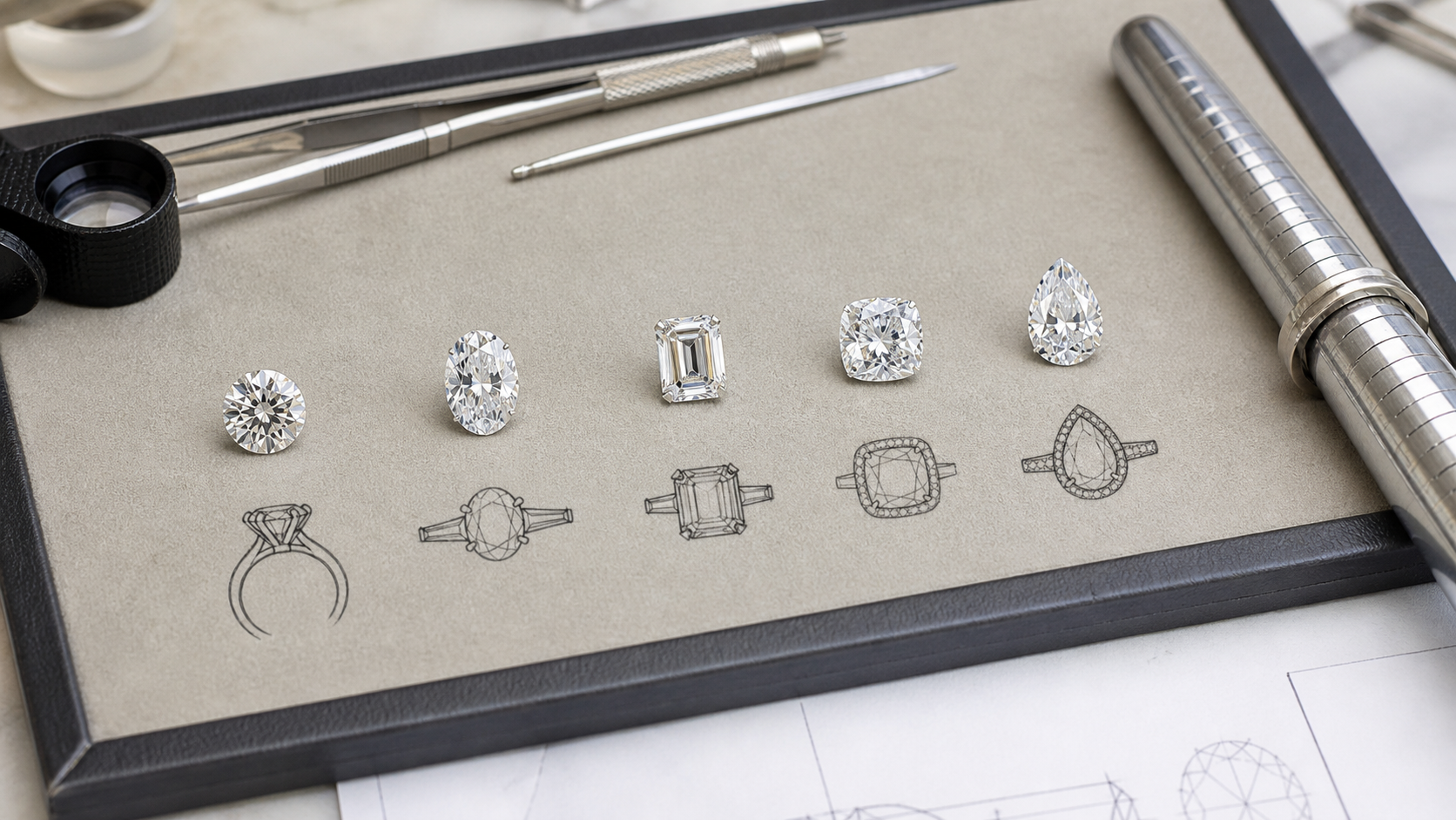 Six engagement-ring diamond shapes compared on a jeweller's tray