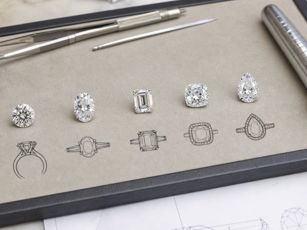 Six engagement-ring diamond shapes compared on a jeweller's tray
