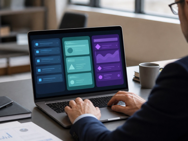 An executive routing three different project cards to fast, balanced and deep-reasoning AI work lanes on a laptop