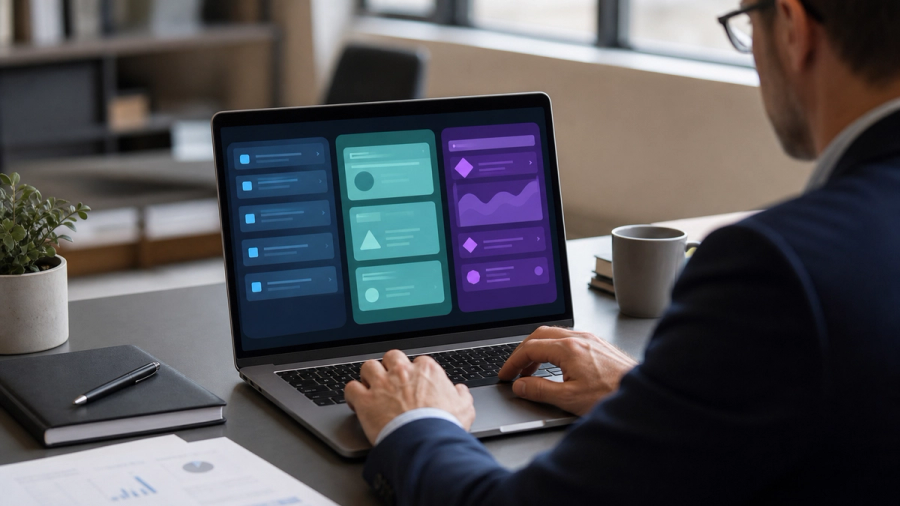 An executive routing three different project cards to fast, balanced and deep-reasoning AI work lanes on a laptop