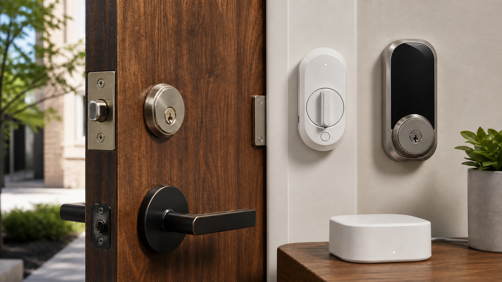 Smart-lock options compared beside a measured residential entry door