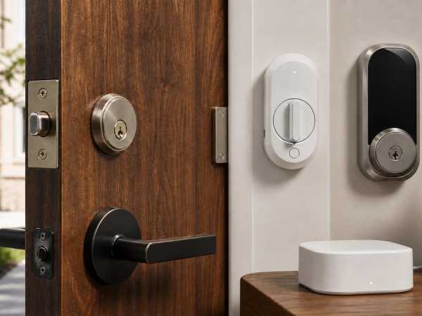 Smart-lock options compared beside a measured residential entry door