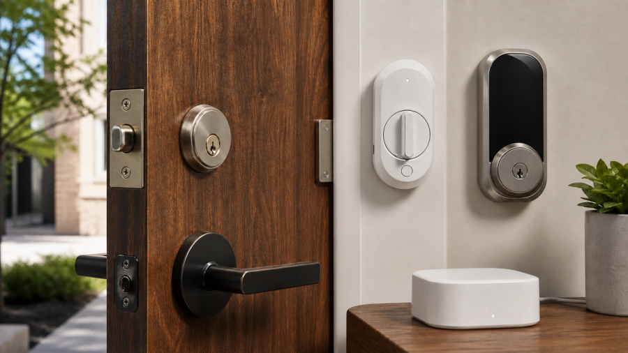 Smart-lock options compared beside a measured residential entry door
