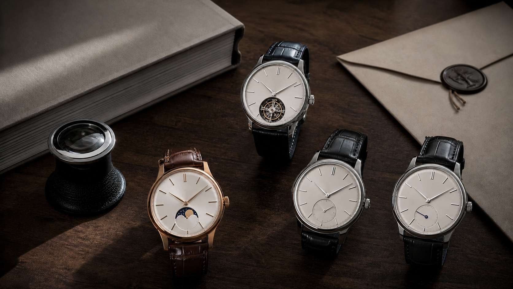 Four high-end complicated watches examined beside an auction catalogue and service records