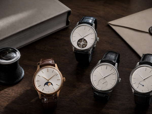 Four high-end complicated watches examined beside an auction catalogue and service records