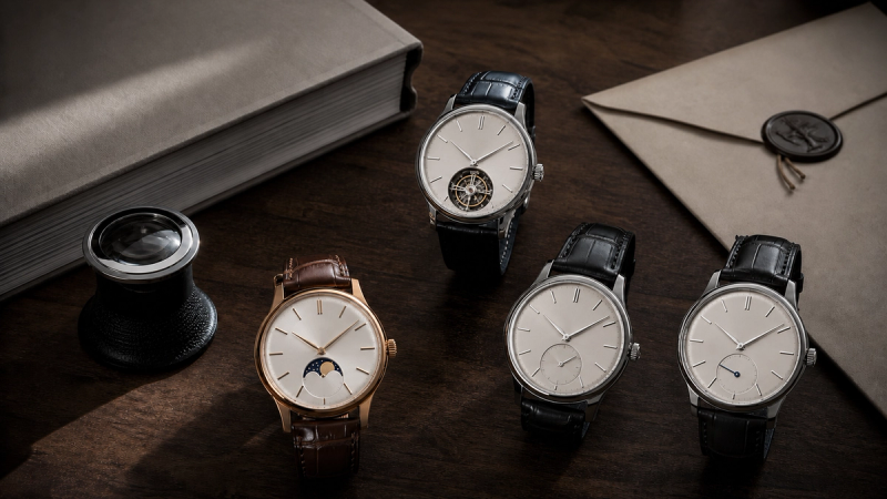 Four high-end complicated watches examined beside an auction catalogue and service records