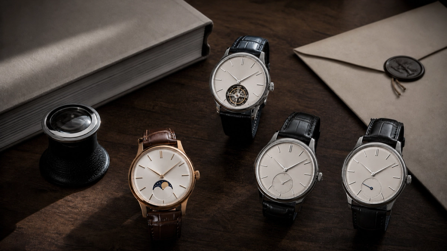 Four high-end complicated watches examined beside an auction catalogue and service records