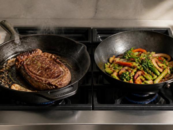 Cast Iron vs Carbon Steel Skillet shown in a practical side-by-side comparison