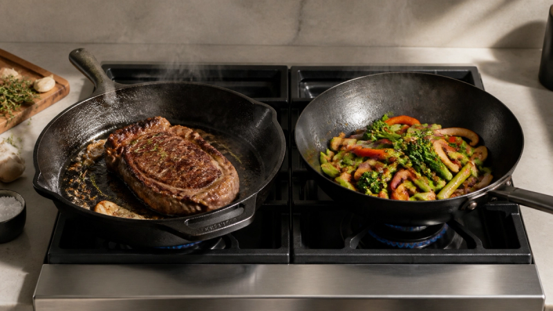 Cast Iron vs Carbon Steel Skillet shown in a practical side-by-side comparison