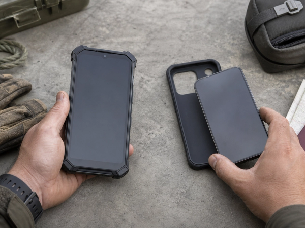 Buyer comparing a reinforced rugged phone with a slim flagship and protective case on a workbench.
