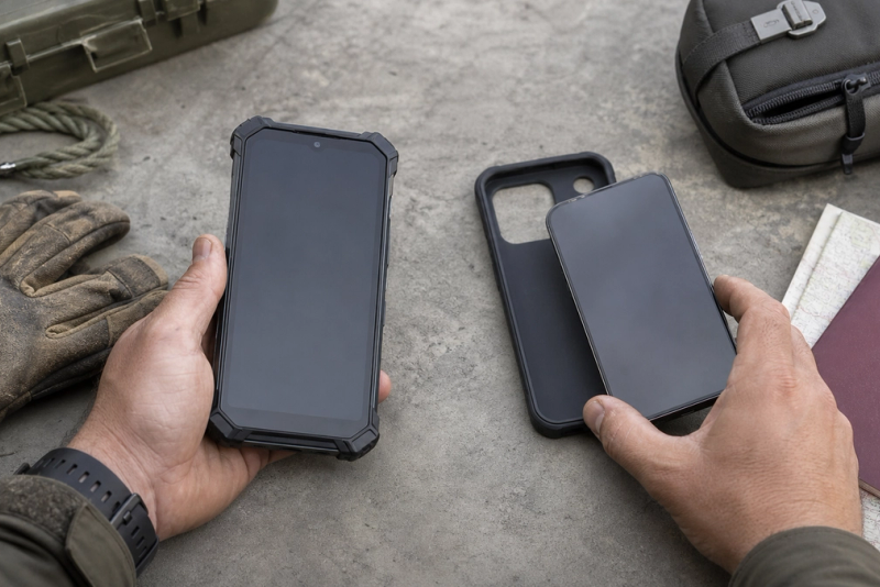 Buyer comparing a reinforced rugged phone with a slim flagship and protective case on a workbench.