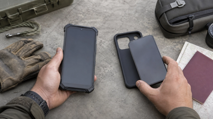 Buyer comparing a reinforced rugged phone with a slim flagship and protective case on a workbench.